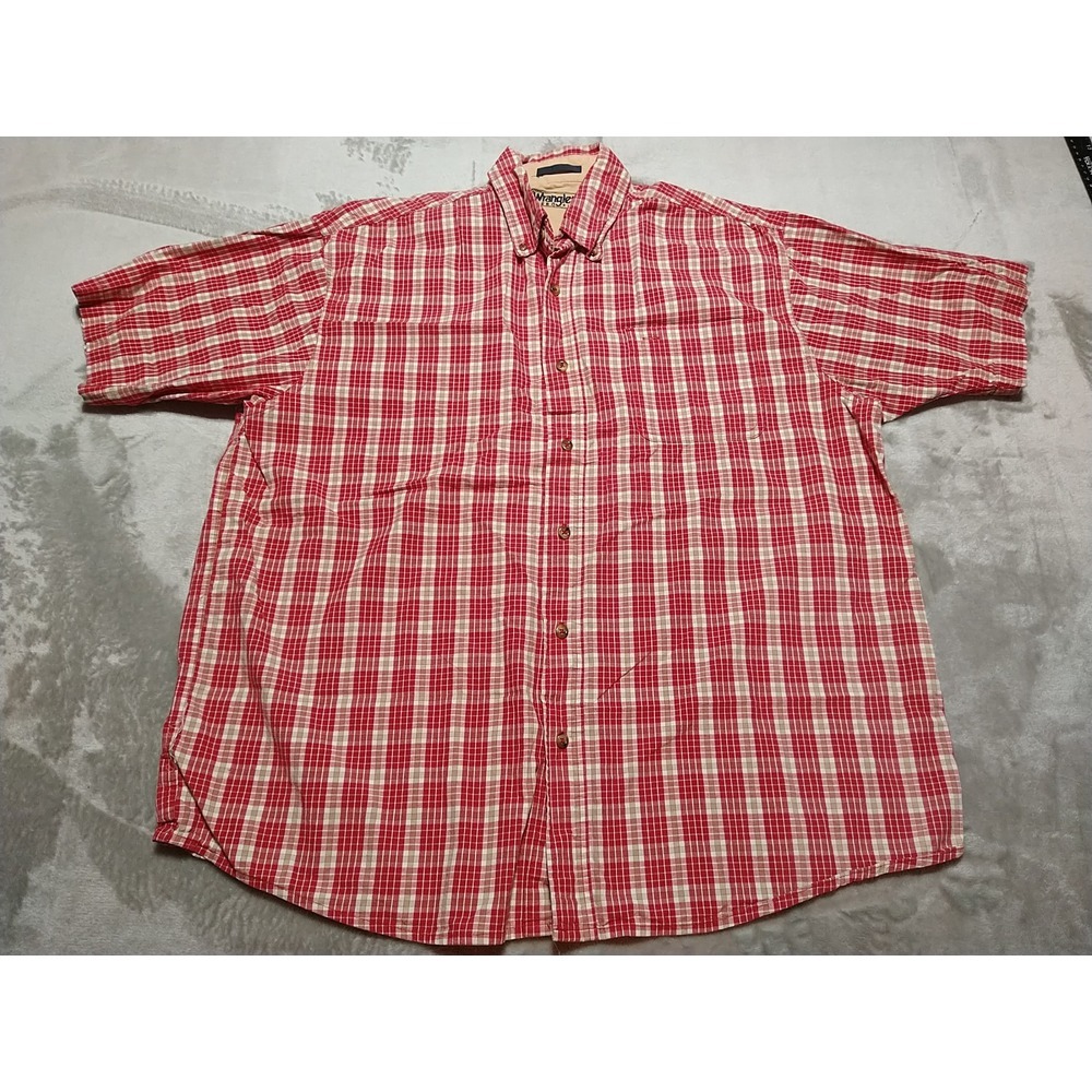 Wrangler Shirt Men L Red‎ Plaid Farmer Cowboy Western Short Sleeve Button Up